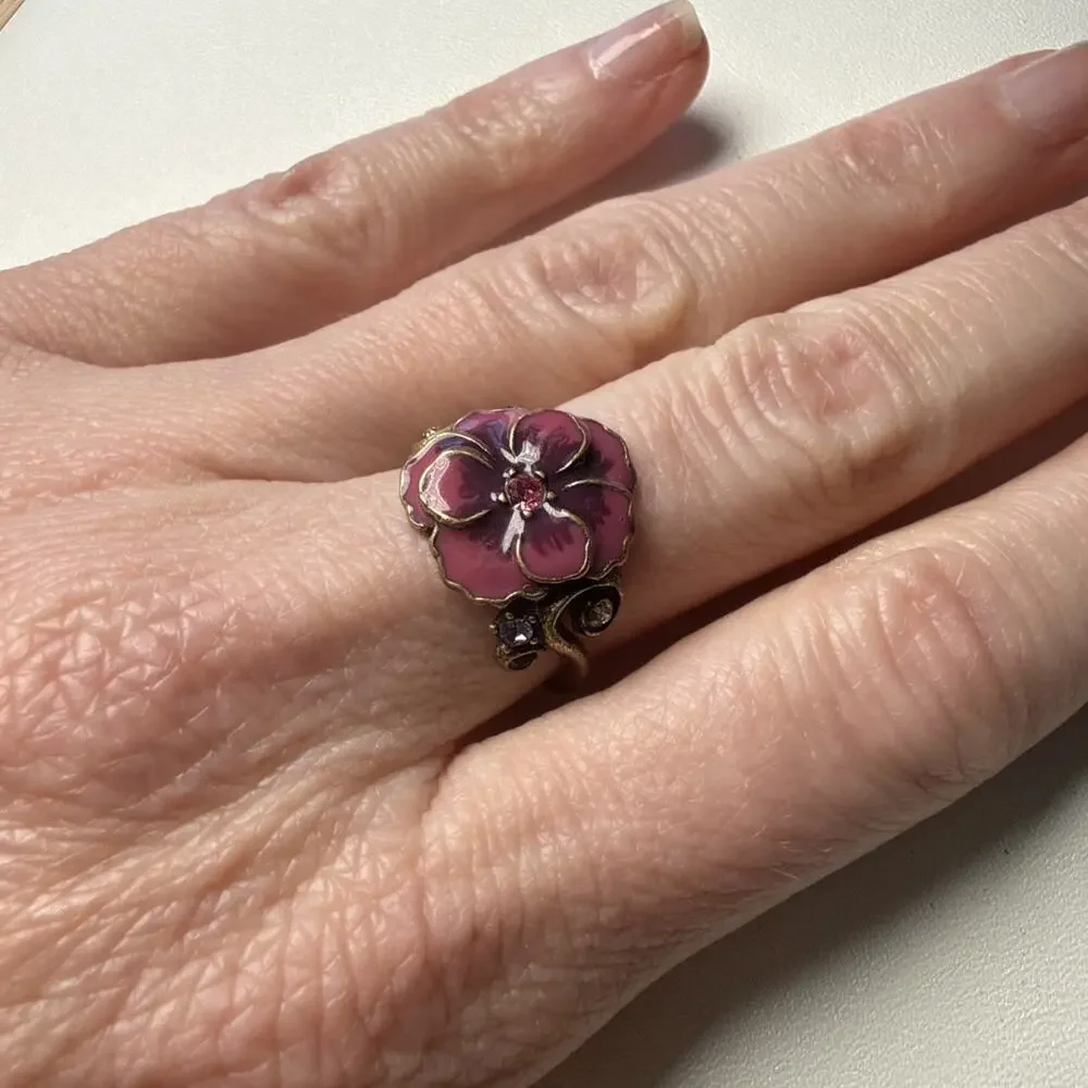 Vintage Anna Sui Enamel Pansy Flower Ring Y2K Goth Whimsigoth Pink Purple 6.5